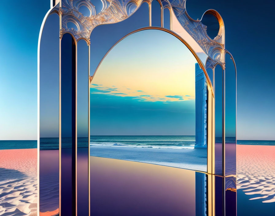 Surreal image of reflective ornate archway on pristine beach