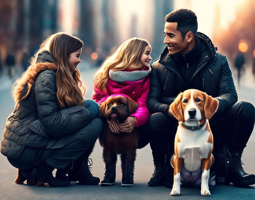 Three people and two dogs on city street at sunset