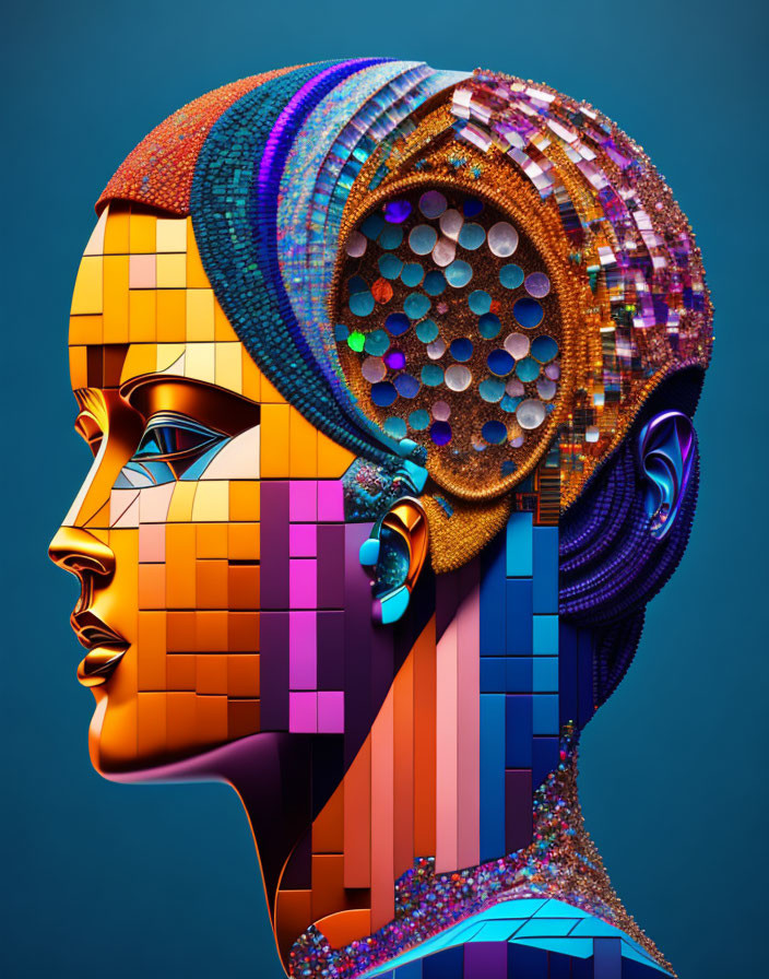 Colorful digital art: Woman's profile in mosaic and mechanical design on teal background