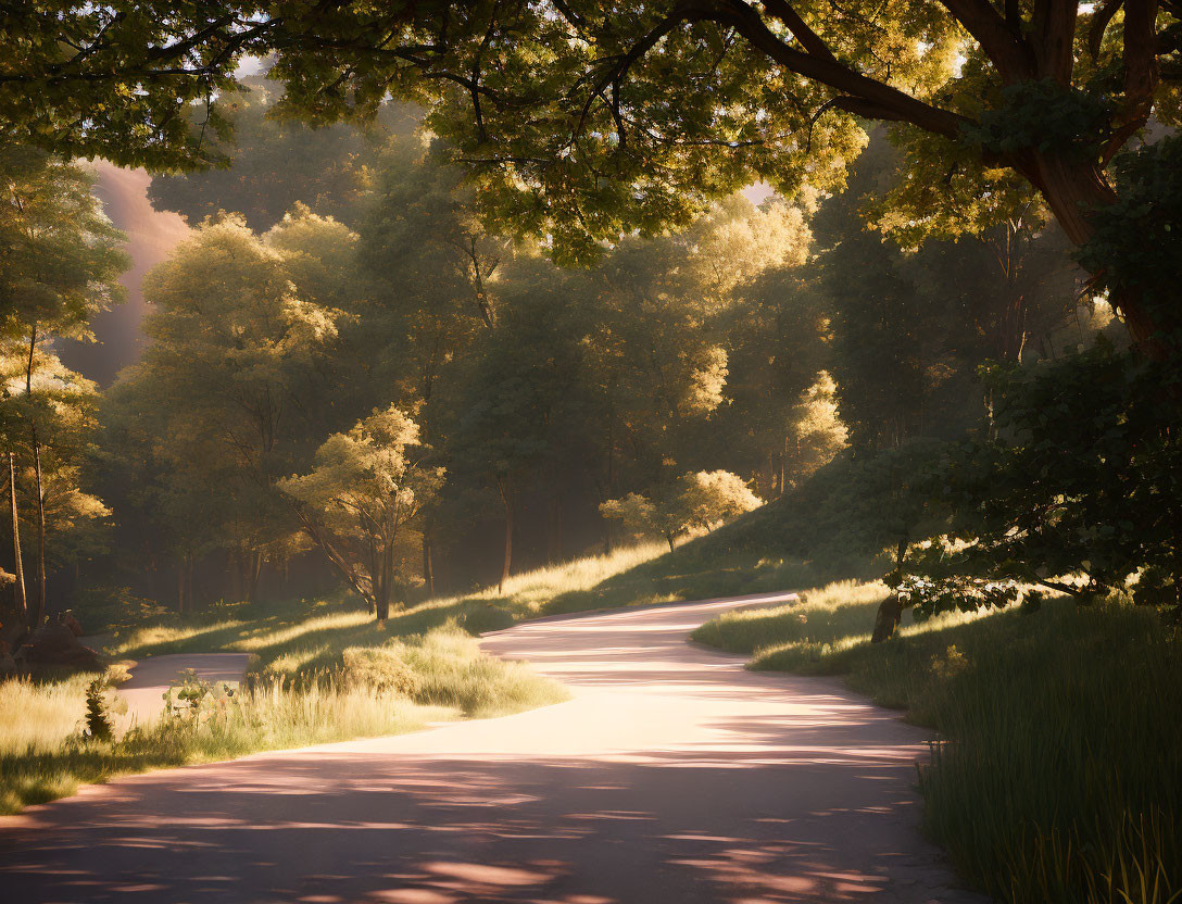 Tranquil woodland pathway with dappled sunlight and shadows