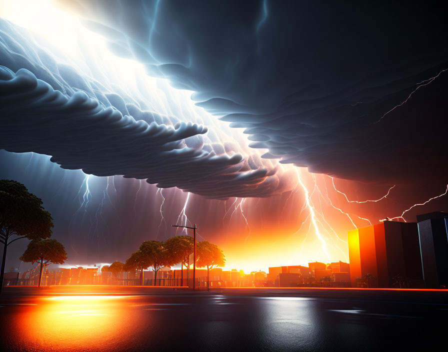 Dramatic cityscape with storm cloud, lightning, rain, and fiery glow