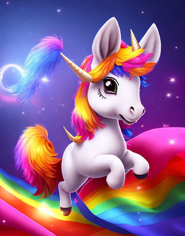 Colorful Unicorn with Rainbow Mane on Starry Sky