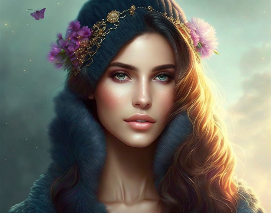 Digital portrait of woman: green eyes, floral beanie, fur collar, butterfly nearby