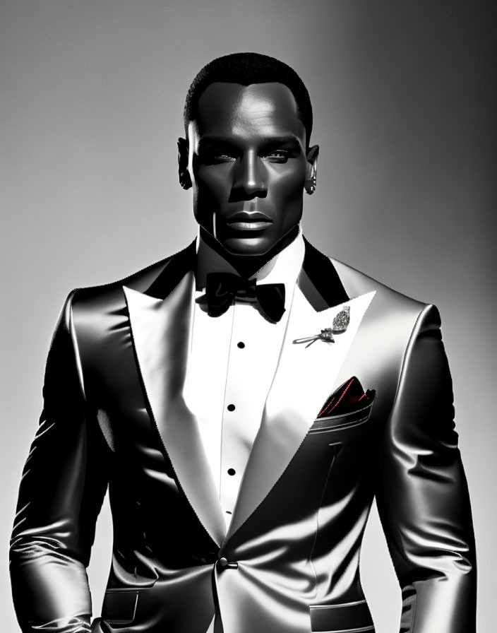 Monochrome image of a man in sleek tuxedo with bowtie and pocket square