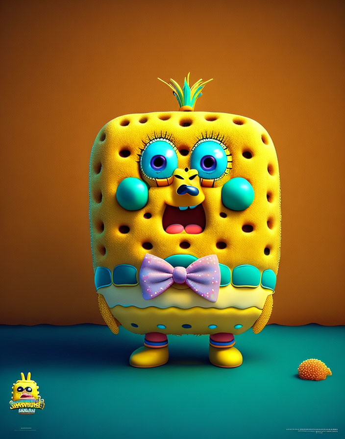 Anthropomorphic sponge character with bowtie and quirky accessories on orange background