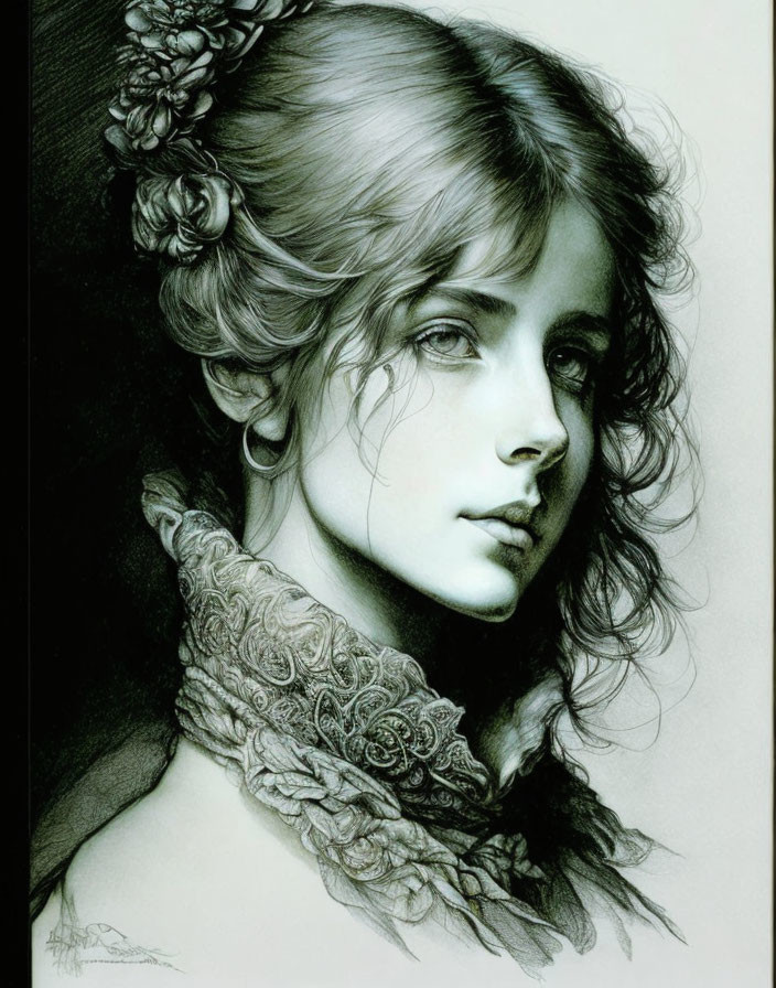 Detailed pencil drawing of woman with wavy hair, floral adornments, delicate features, and lace collar