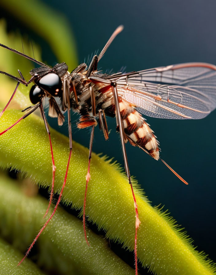 Detailed close-up of mosquito on green plant with blurred background