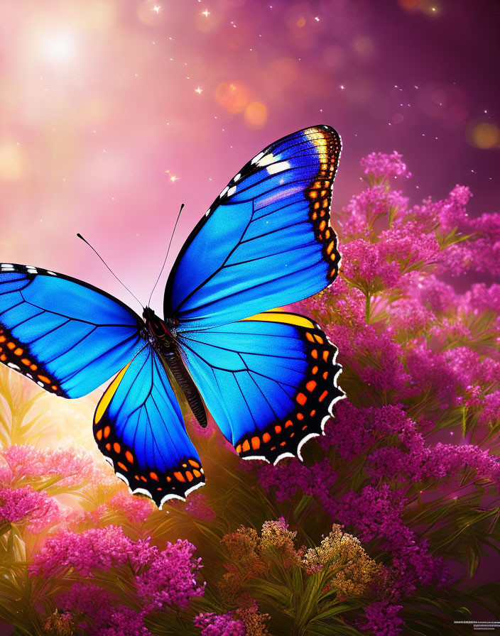 Colorful Blue Butterfly on Pink Flowers with Purple Bokeh Background