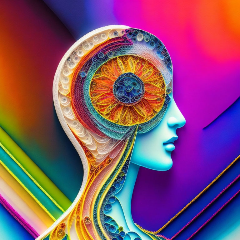 Colorful digital artwork: Intricate human head profile with vibrant patterns on rainbow background