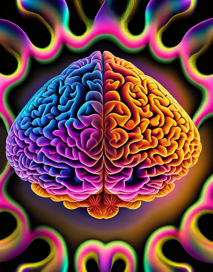 Colorful Neon Human Brain Art on Black Background