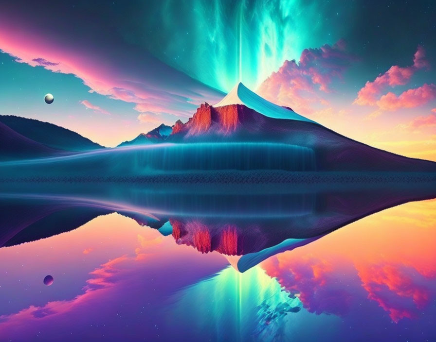 Vivid Fantasy Landscape with Mountain Reflection, Aurora, and Distant Planet