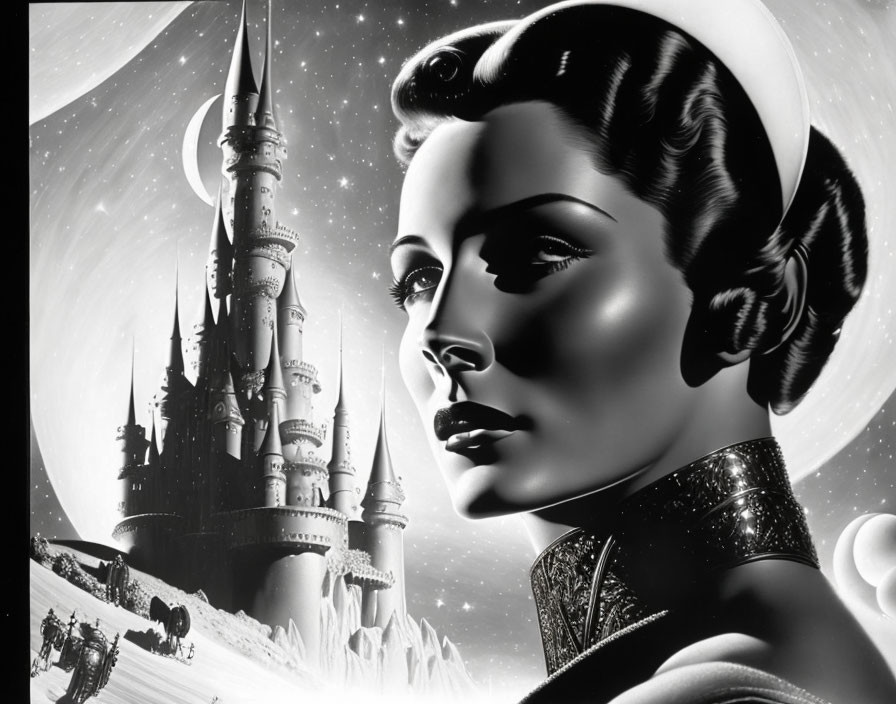 Vintage black and white illustration of woman's face with futuristic castle and rocket.