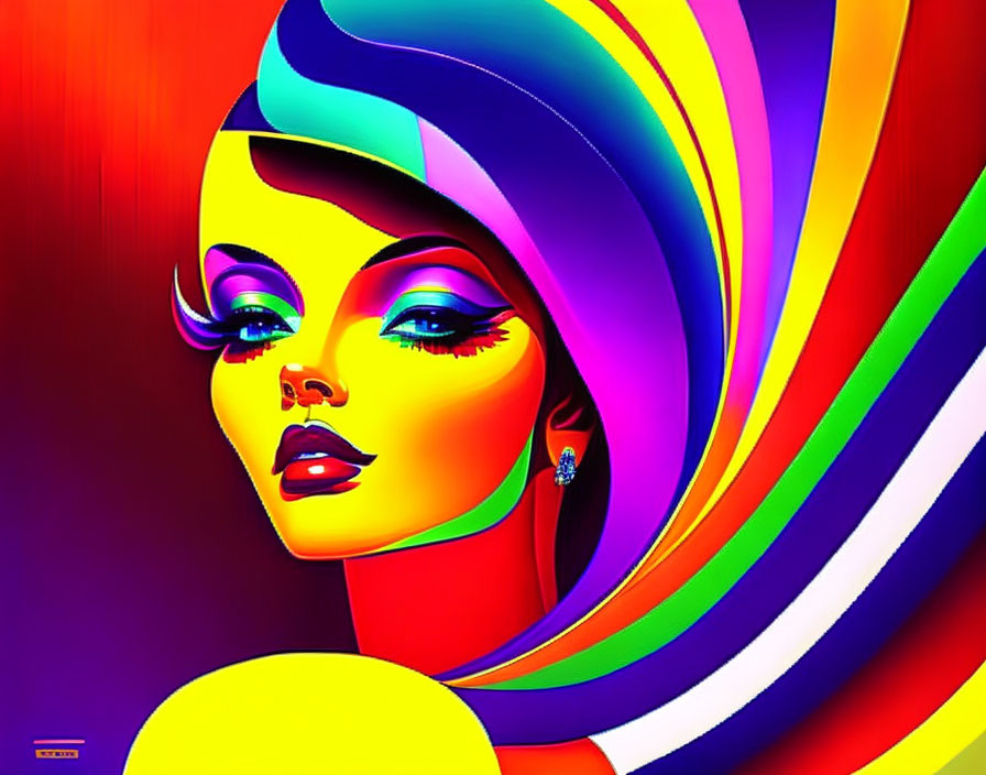 Colorful digital artwork of stylized woman with flowing hair & bold features