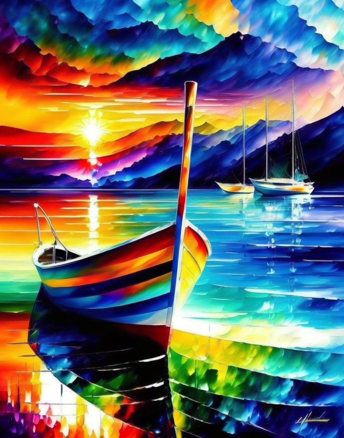 Colorful sunset painting with rowboat and sailboats in water