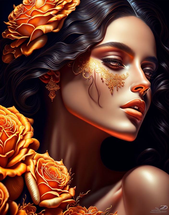 Digital artwork: Woman with gold facial adornments and orange flowers, elegant and fantastical.