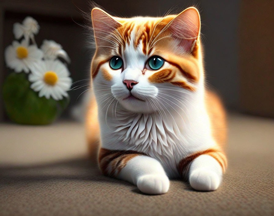 Orange and White Cat with Blue Eyes on Textured Surface with Blurred Daisies Vase