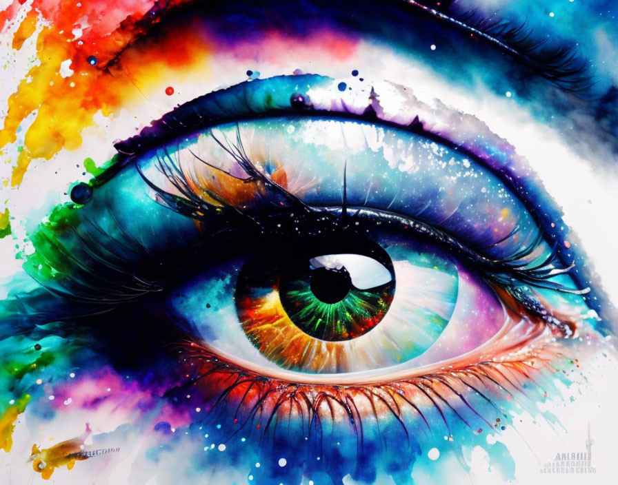 Colorful Rainbow Eye Artwork with Watercolor Splatter Effect