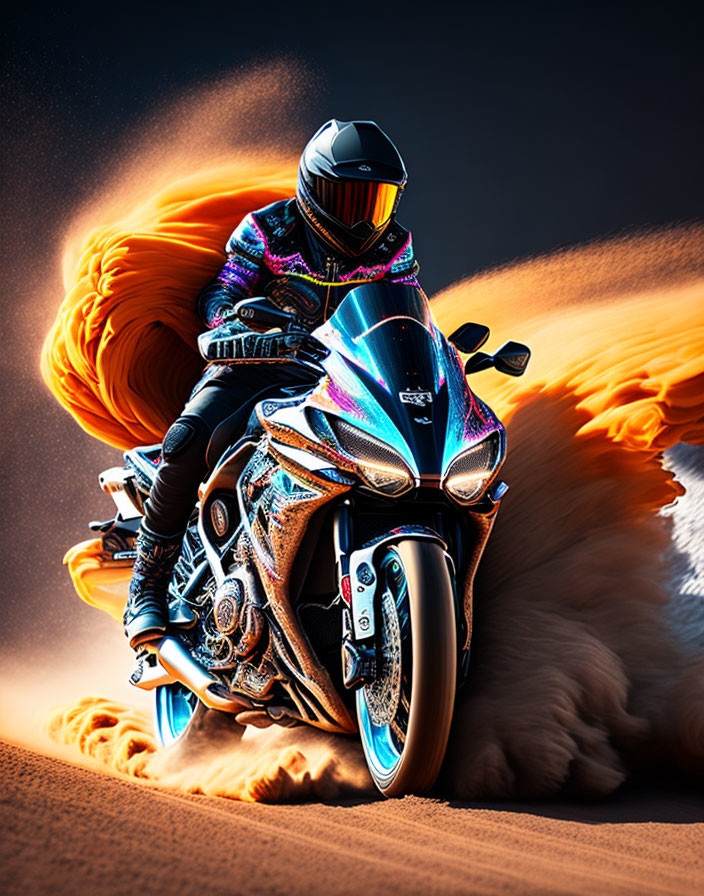 Colorful Jacket and Helmet Motorcyclist Riding Sportbike in Sandstorm