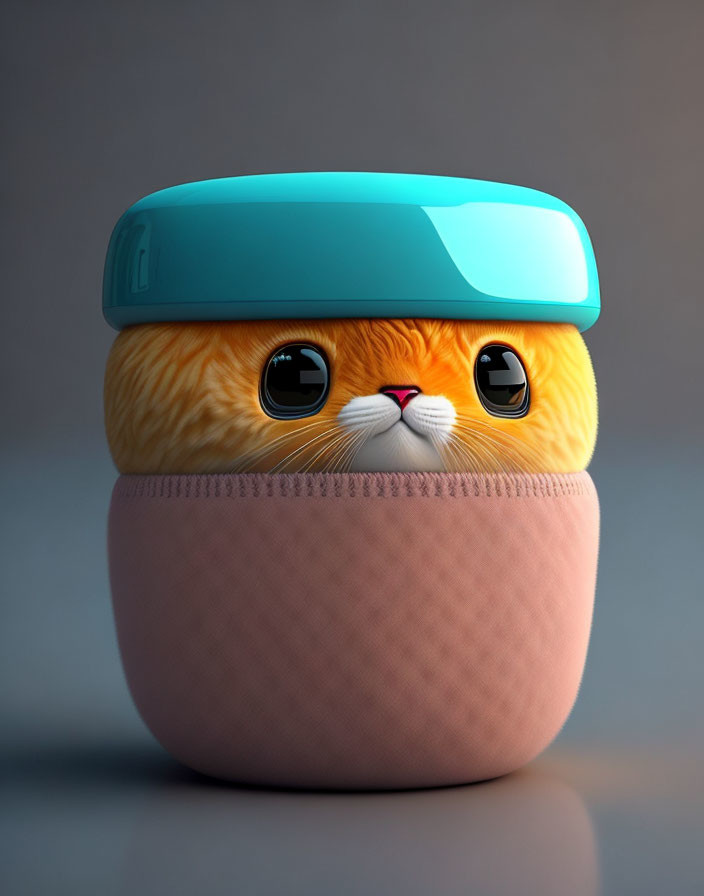 Adorable orange cat in pink pot with blue lid illustration