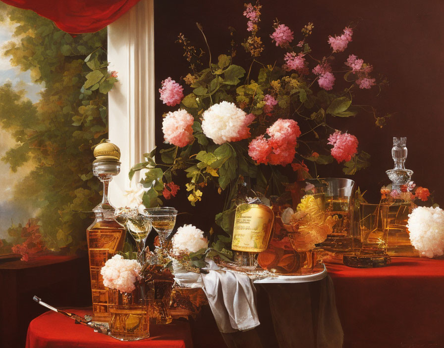 Classic Still Life Painting: Vibrant Flowers, Liquor Bottle, Glassware on Red Tablecloth