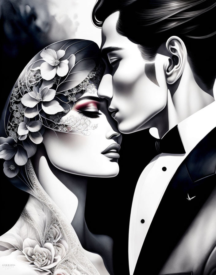 Monochrome artistic illustration of elegant couple in close embrace