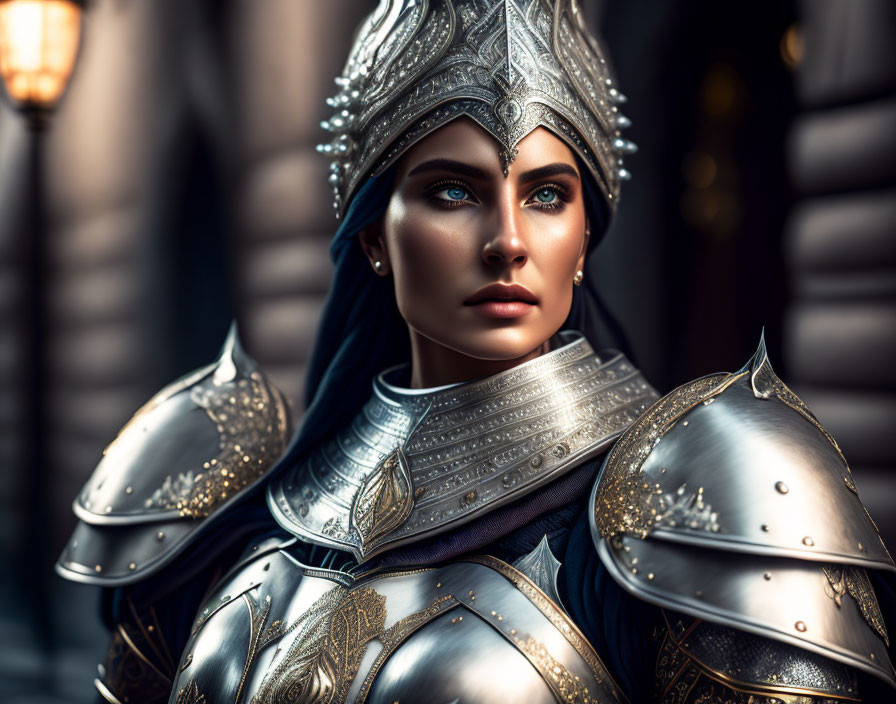 Digital Artwork: Female Warrior in Silver Armor with Blue Cloak & Detailed Helmet