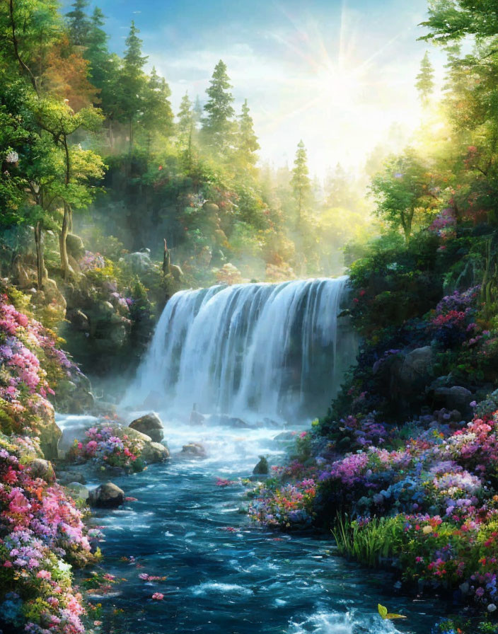 Tranquil waterfall in lush greenery with wildflowers