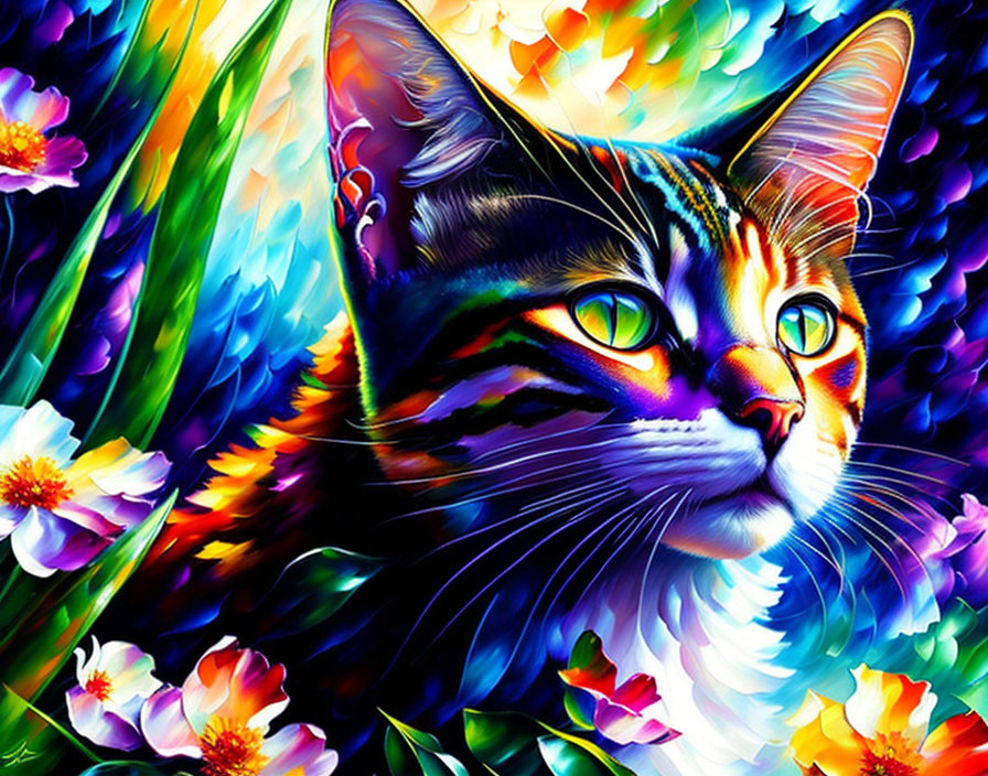 Colorful digital artwork: Cat with multi-colored fur in vibrant floral setting