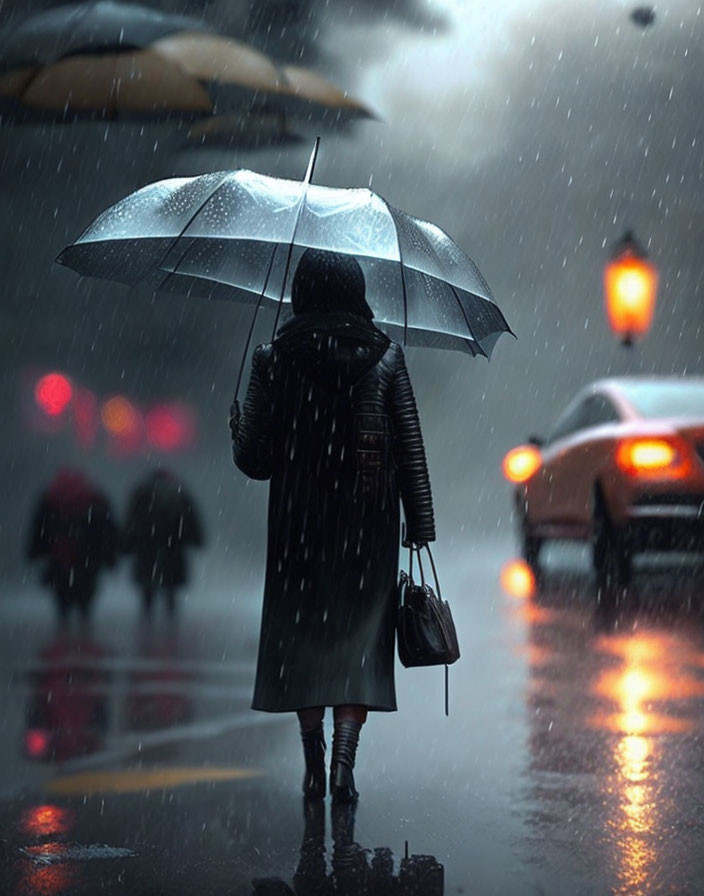 Person with umbrella on wet street at night under streetlights and car lights