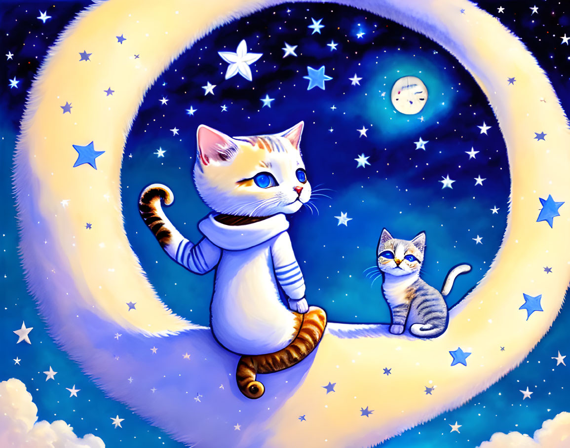 Stylized cartoon cats with scarf in cosmic heart scene