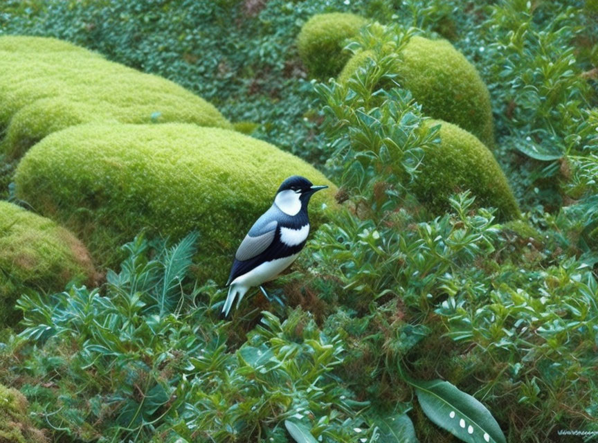 Colorful bird in lush garden setting with green bushes and mossy mounds