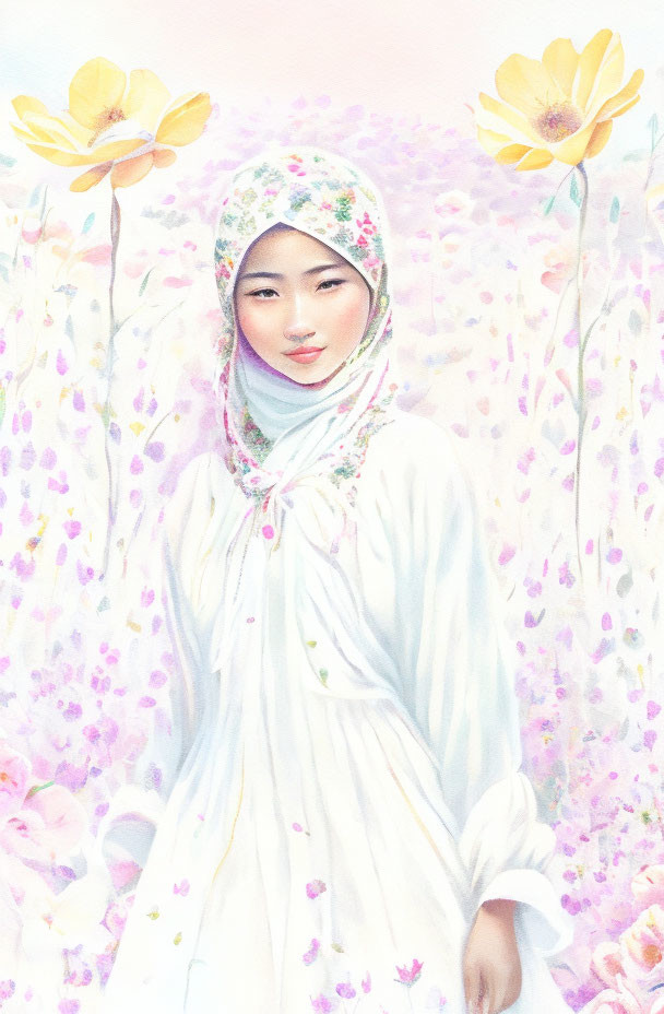 Woman in floral hijab and white dress surrounded by pink and yellow flowers