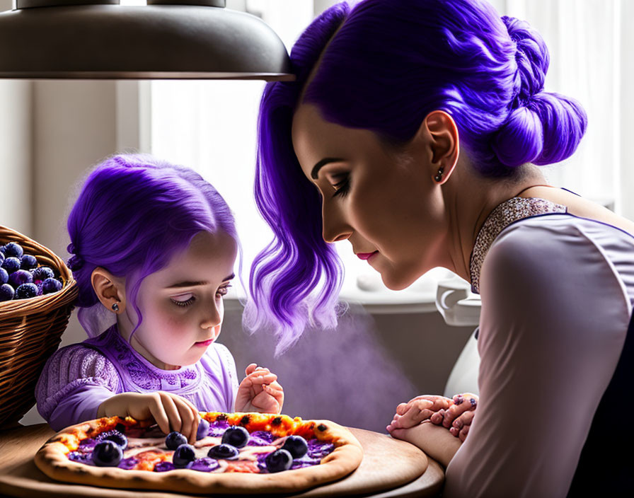 Purple-haired woman and girl with matching hair color look at steaming pizza