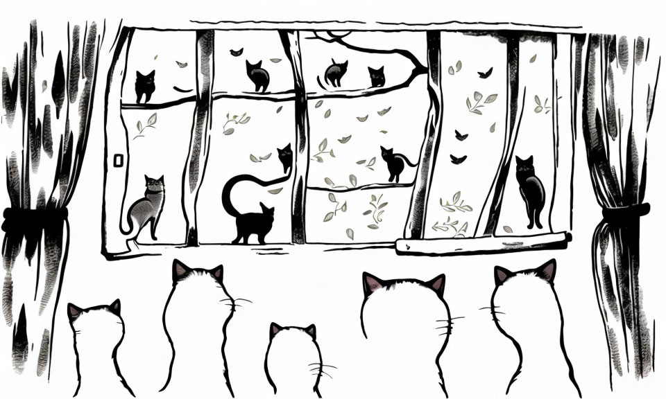 Silhouetted Cats Posed on Windowsill with Blowing Leaves