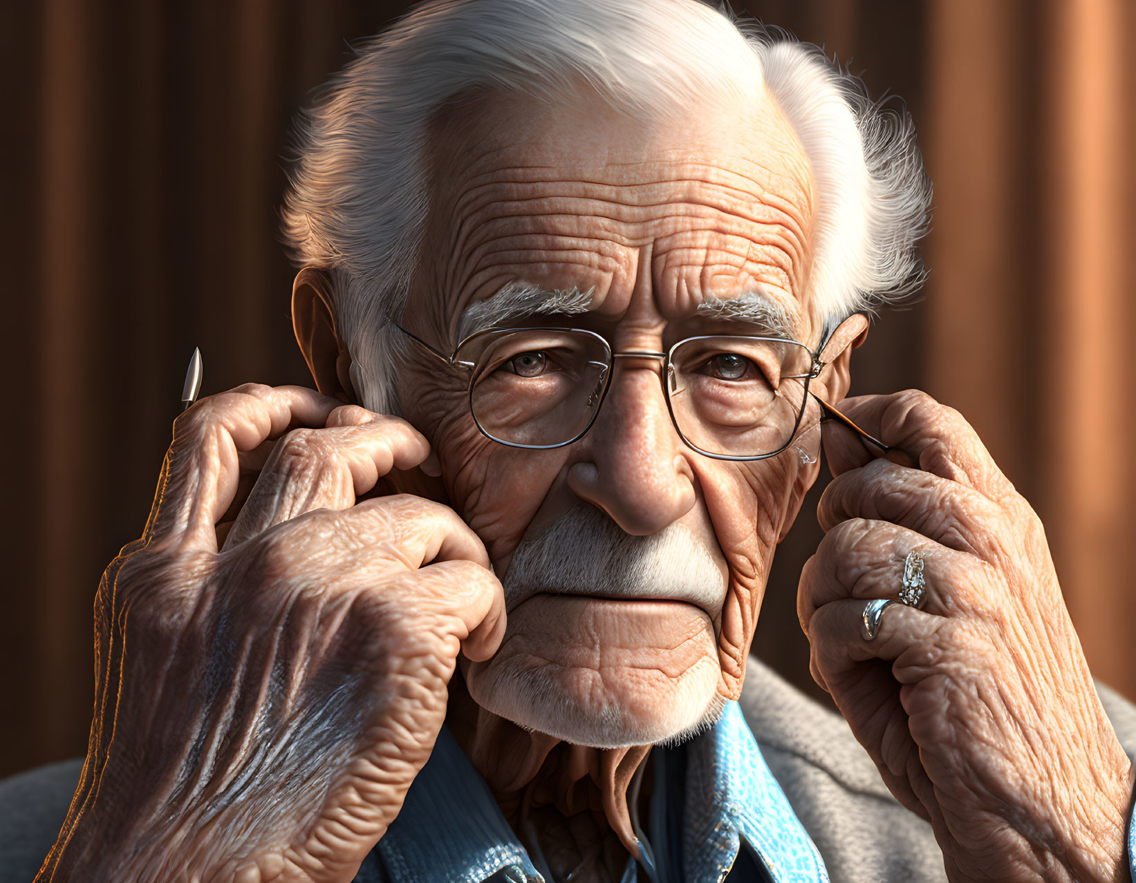 Elderly man with glasses, hearing aid, wrinkles, and ring on finger against brown backdrop