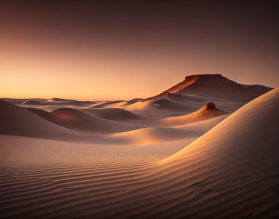 Sculpted sand dunes and rugged plateau under hazy dusk sky