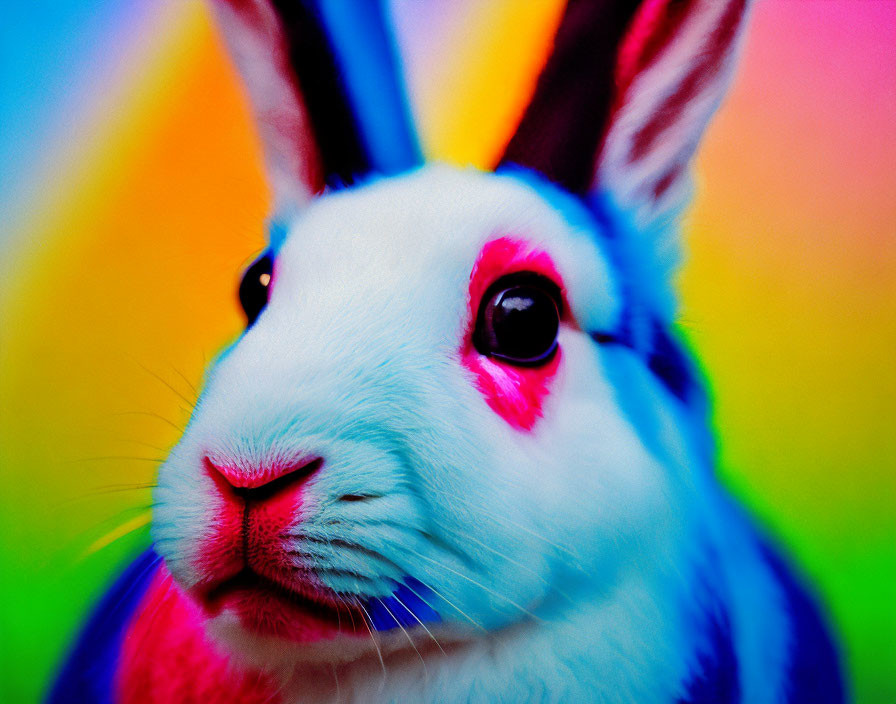 White Rabbit with Black-Tipped Ears and Pink Markings on Colorful Background