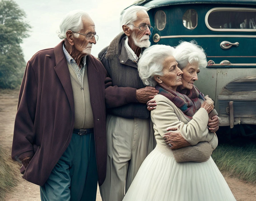 Elderly couples embrace by vintage bus on dirt road