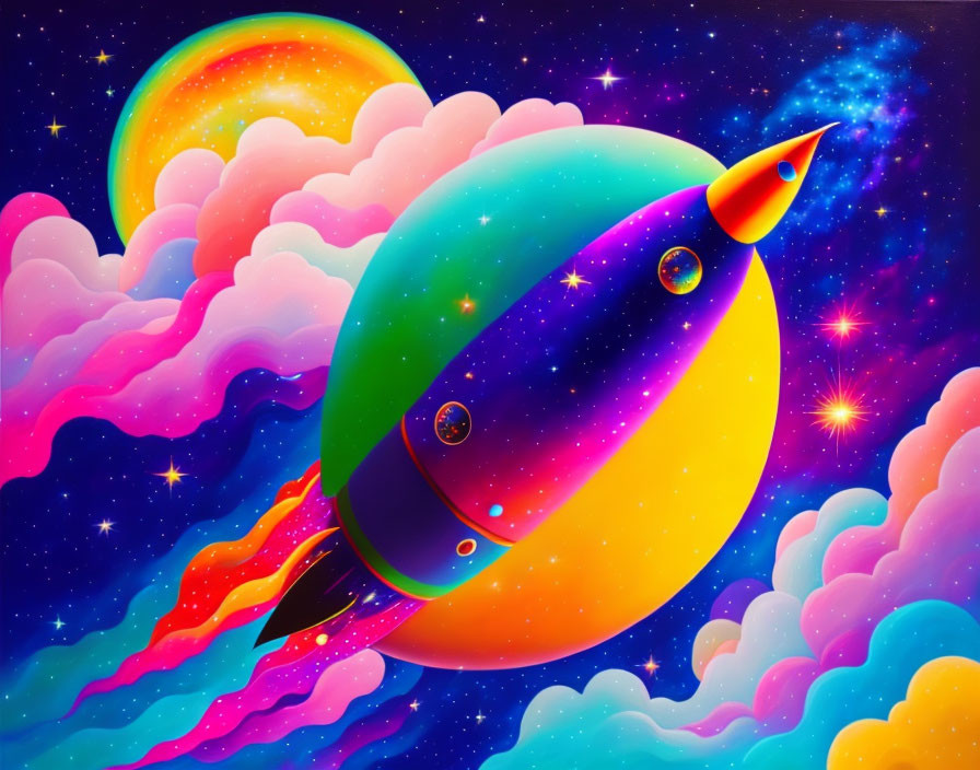 Colorful Rocket Ship Blasting Off in Psychedelic Space