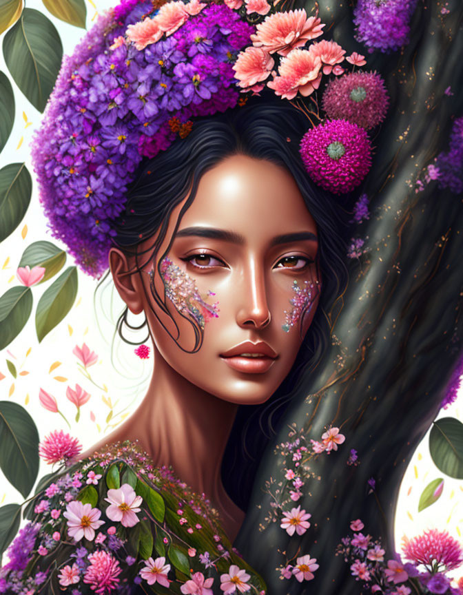 Digital artwork featuring woman adorned with floral decorations, set against tree and floral backdrop.