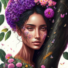 Digital artwork featuring woman adorned with floral decorations, set against tree and floral backdrop.