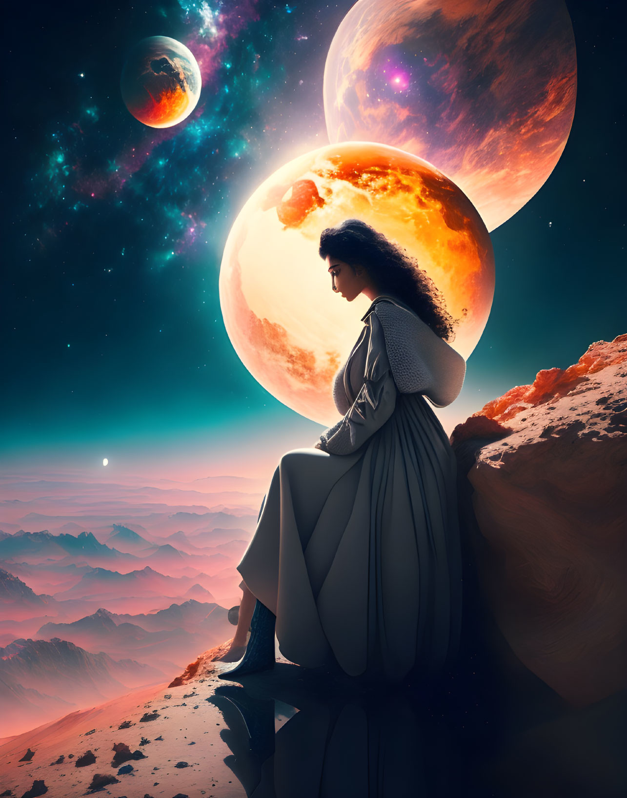 Woman sitting on rock gazes at surreal landscape with celestial bodies above.