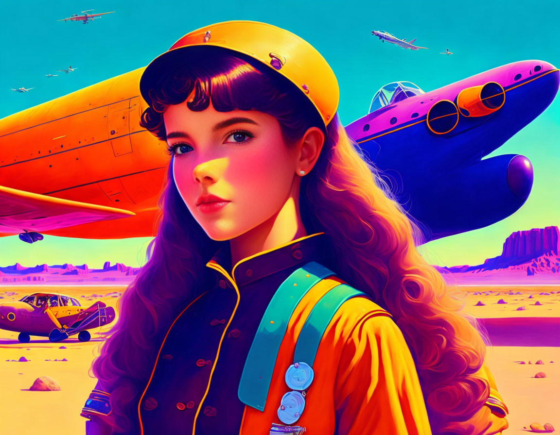 Colorful Stylized Portrait: Retro Girl in Orange Pilot Outfit with Vintage Planes in Desert