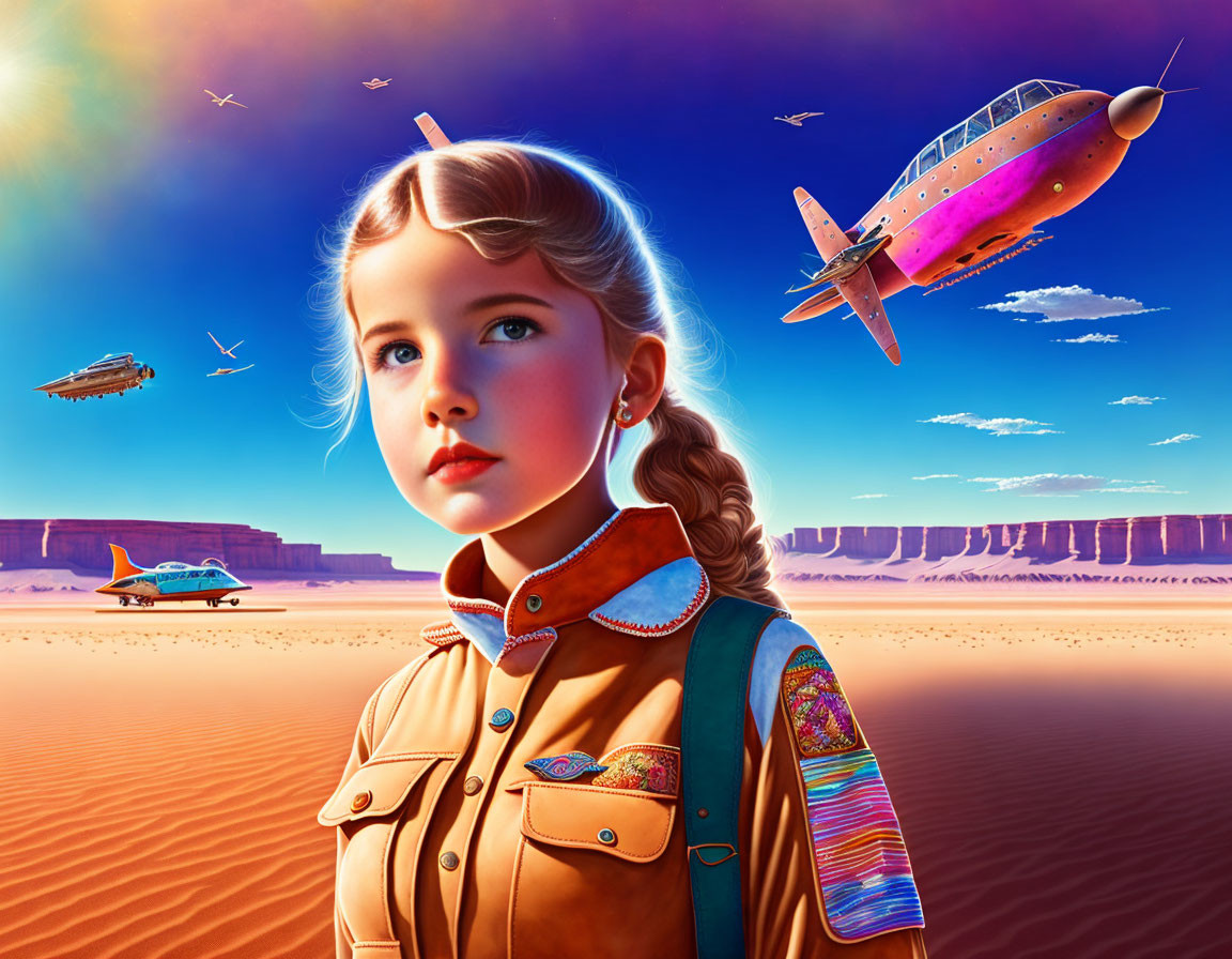 Young girl in retro pilot outfit in futuristic desert landscape