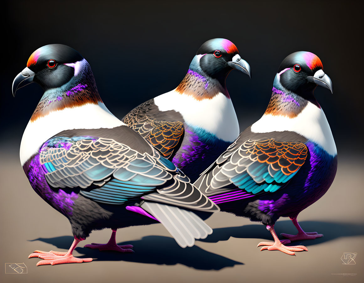 Vibrant iridescent pigeons on dark background