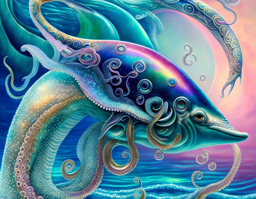 Vibrant surreal octopus illustration with swirling tentacles