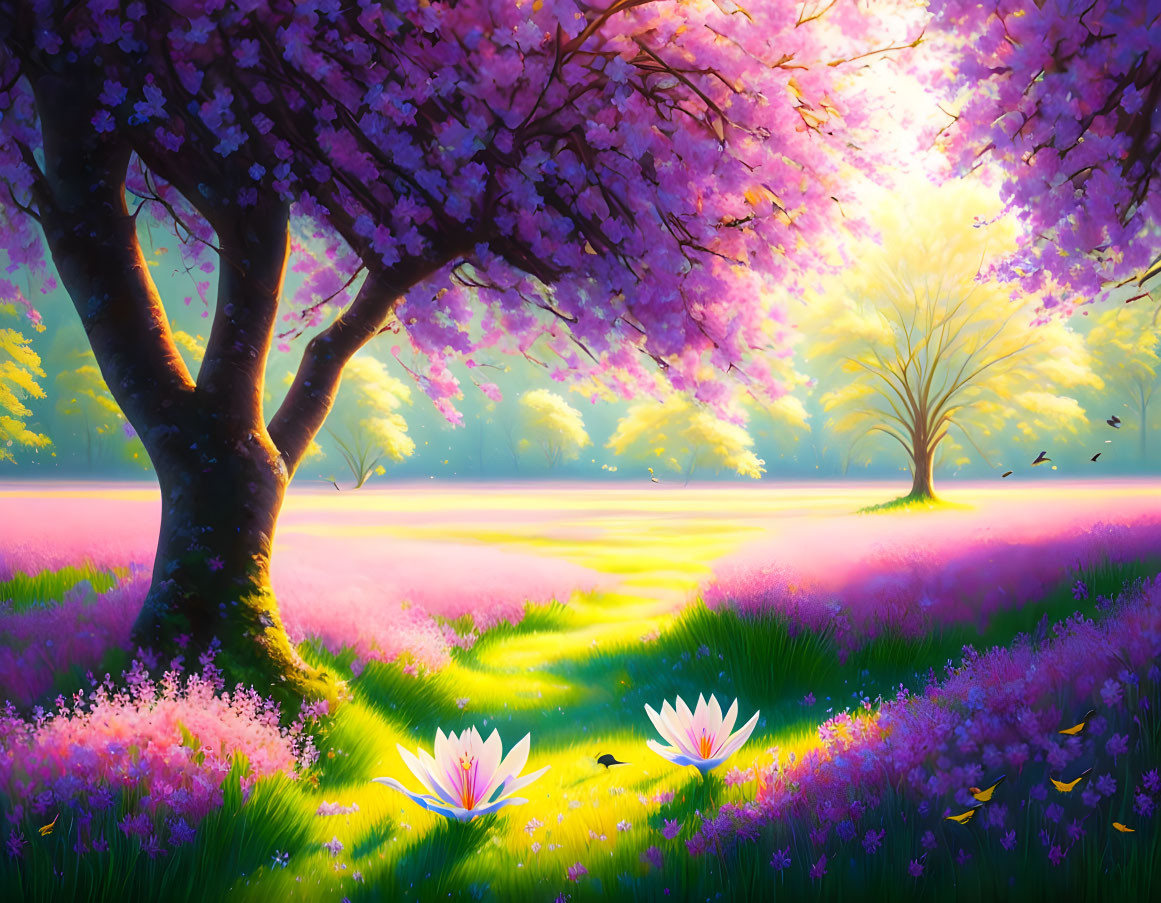 Colorful landscape with cherry tree, purple flowers, water lilies, and radiant tree