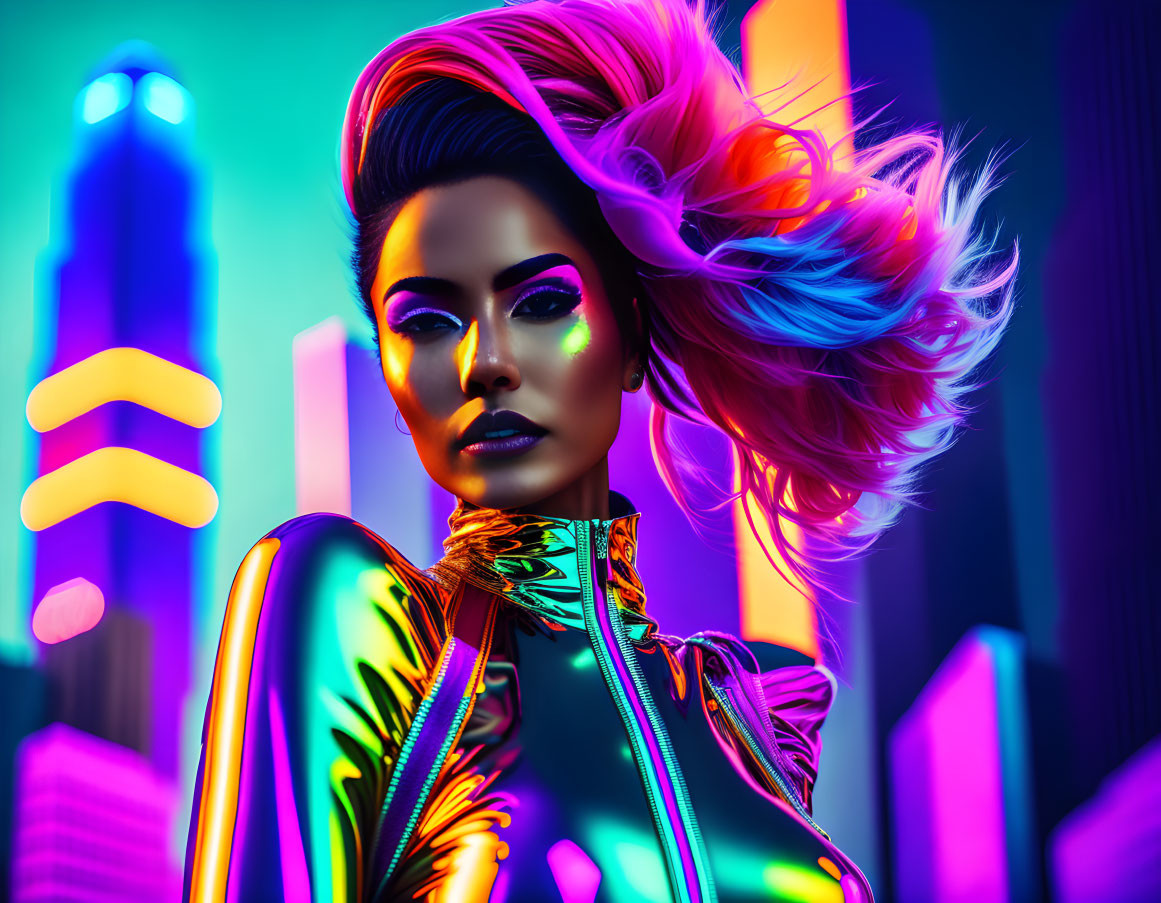 Vibrant portrait of woman with flowing hair against neon cityscape.