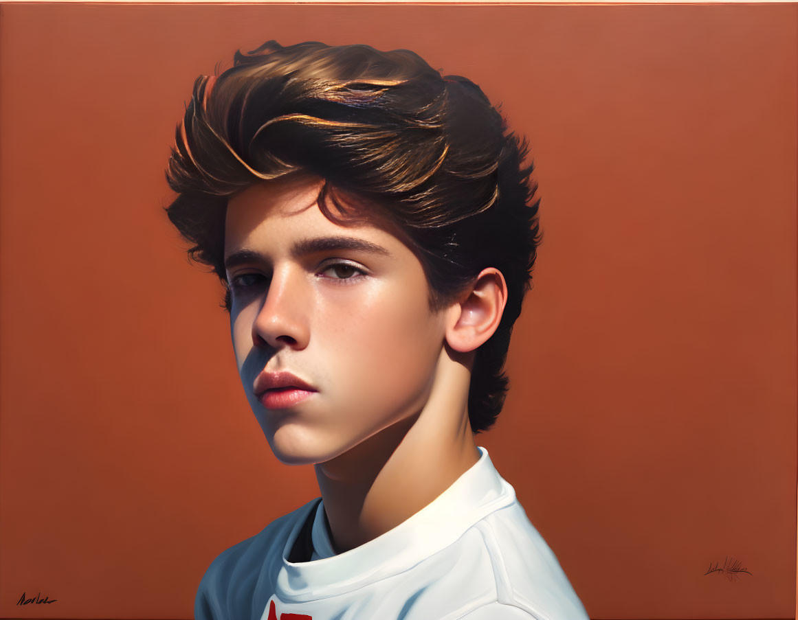 Hyperrealistic Portrait of Young Person with Voluminous Brown Hair and Contemplative Gaze on