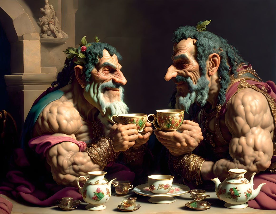 Blue-skinned muscular fantasy characters enjoying tea with ornate teaware